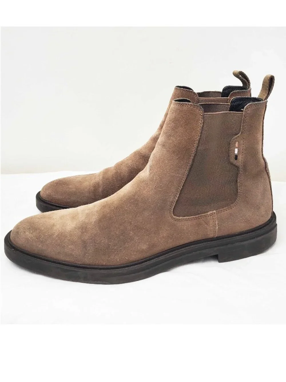 Hugo Boss Men's Signature-stripe Chelsea Boots in Suede Leather Beige Brown 44